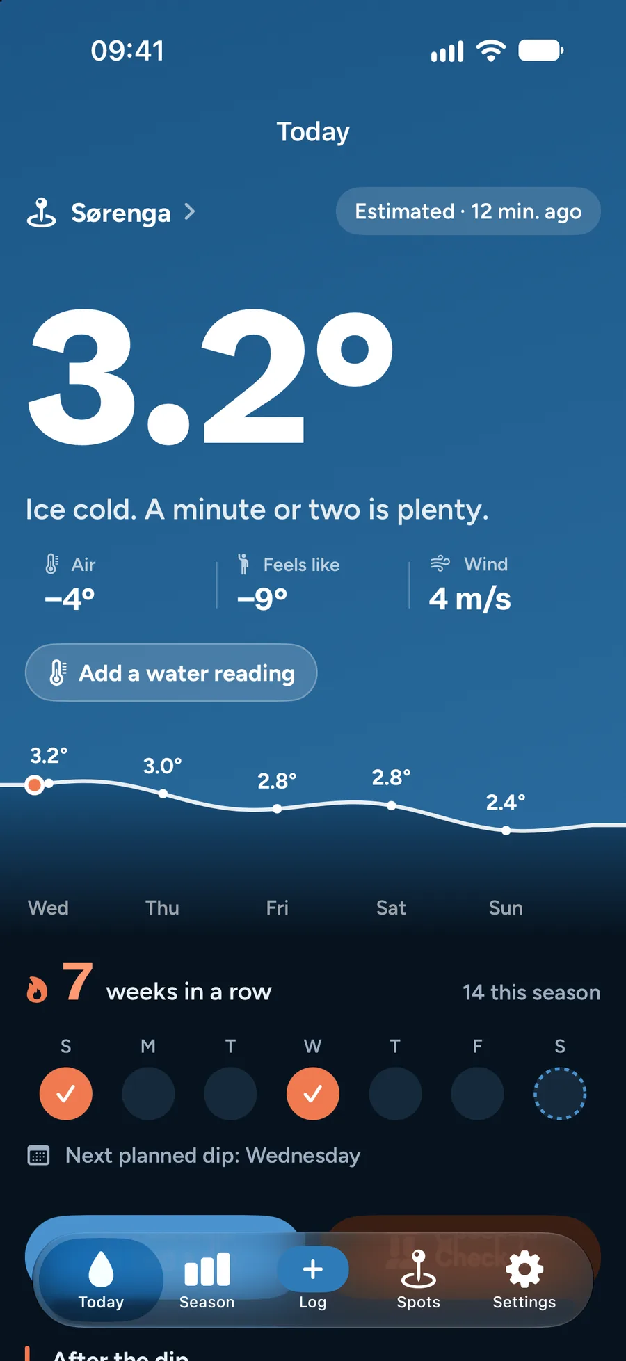 Svalk showing 3.2 degrees in the water at Sørenga, with the forecast for the next days.